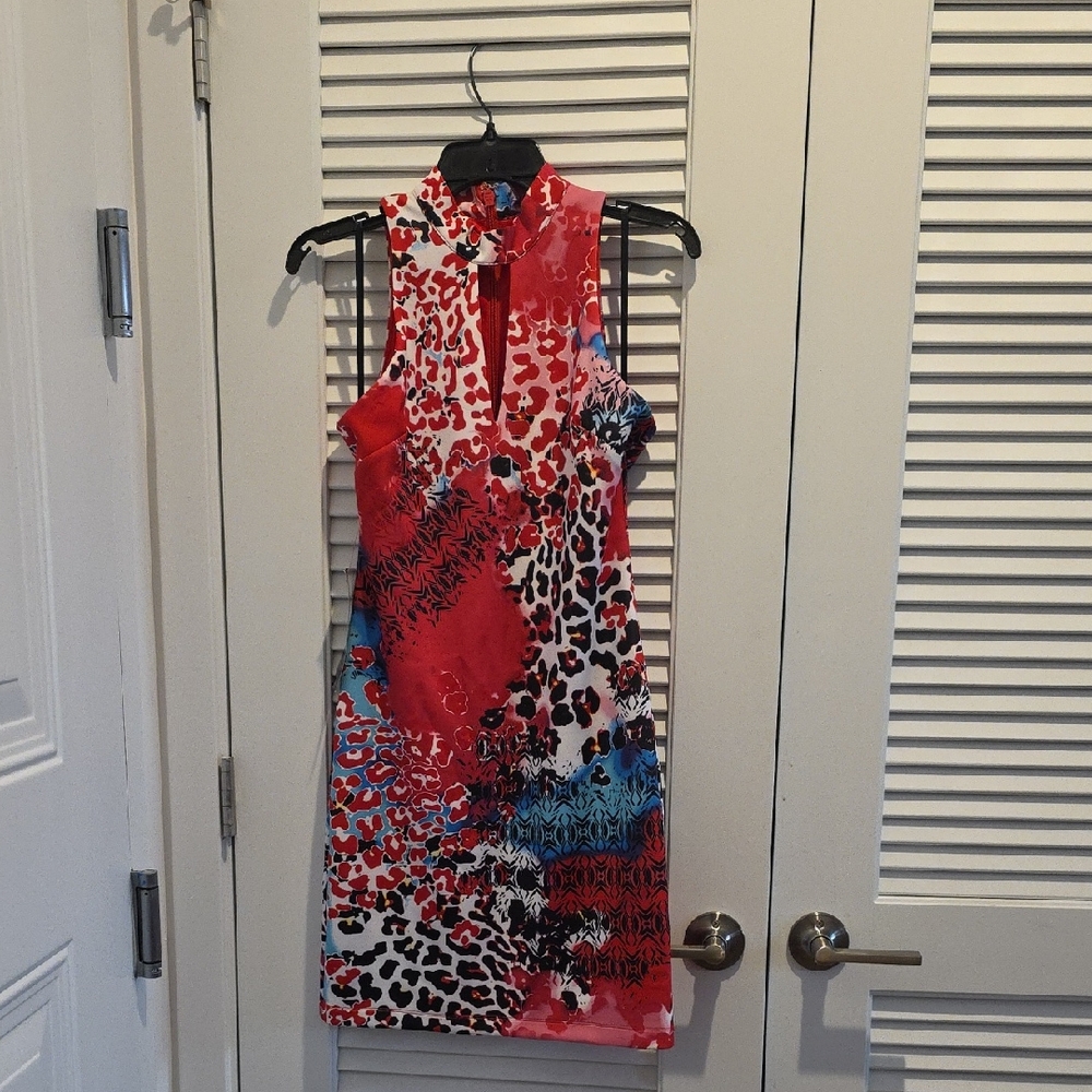 bebe Red and Blue Animal Print Mini Dress